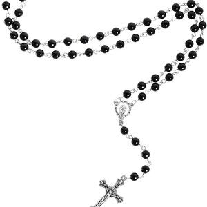 Gothic Long Bead Rosary Cross Necklace Zinc Alloy Onyx Jewelry Gift Women